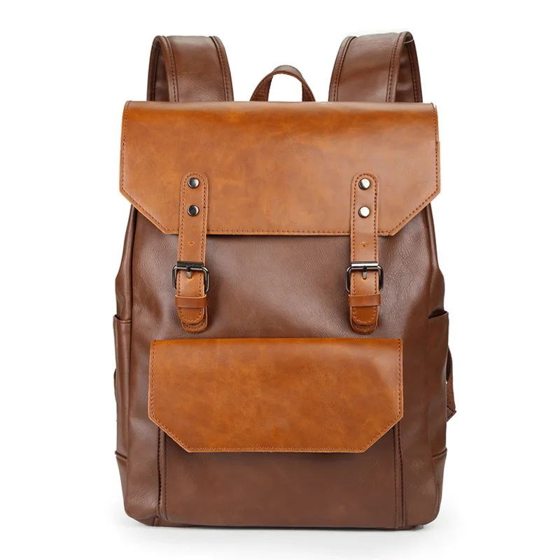 Women Men School Bags PU Leather Backpacks Multifunctional Vintage Waterproof Travel Backpack Retro 15.6 Inch Laptop Bag for Men