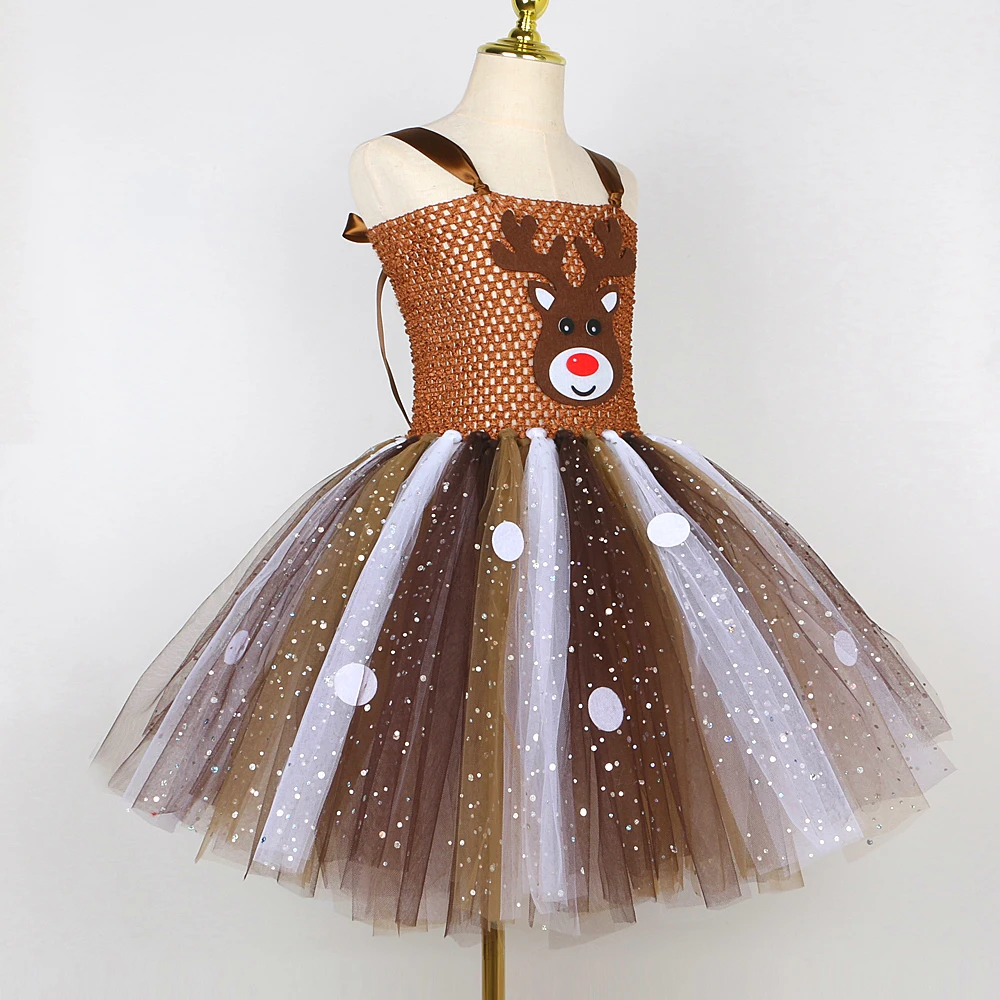 Sparkle Christmas Deer Costumes for Baby Girls Reindeer Halloween Tutu Dress Kids Animal Elk Outfits Children New Year Clothes