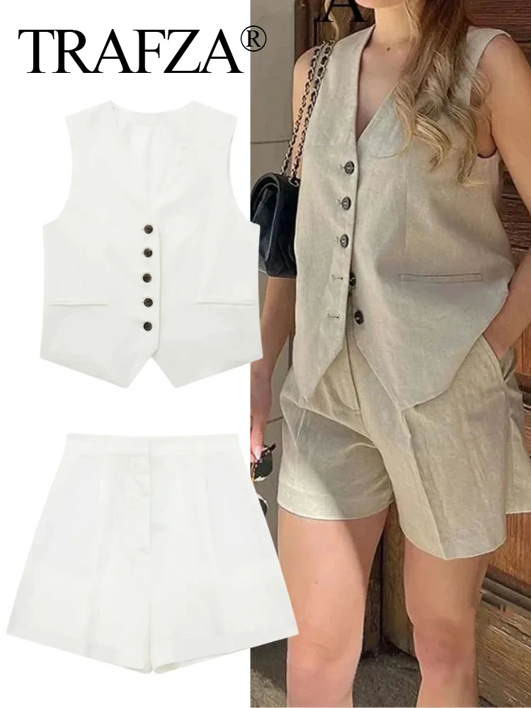 TRAFZA 2024 Women Casual Vintage Solid Vest Pant Suit Single Breasted V Neck Vest Top High Waist Slim Shorts Lady Office Sets