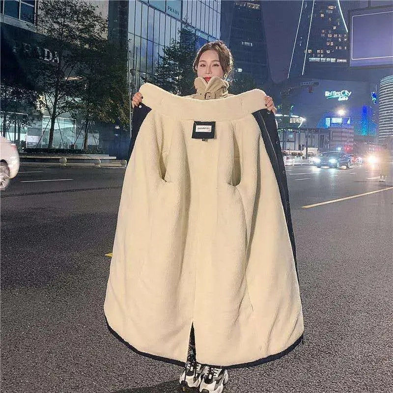 2025 New Lambhair Jacket for Women with Added Fleece and Thickened New Cotton Coat Medium to Long Solid Color Knee Length