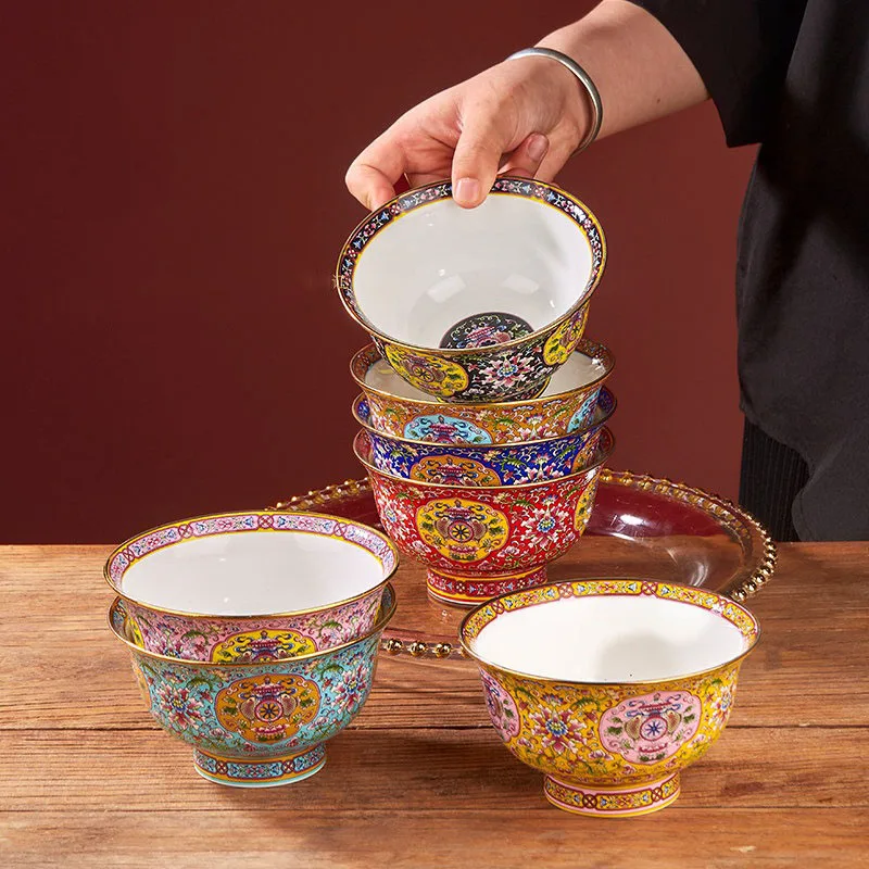 Chinese Style Palace Bone China Bowls Antique-style Enamel Color Craft Ceramic Bowl Restaurant Household Golden Stroke Tableware
