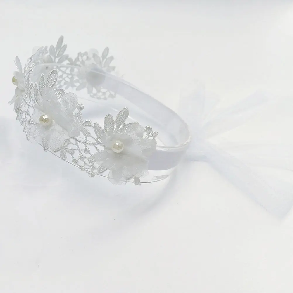 2Pcs Chic Lace Pearl Headbands Baby Girls Adjustable Flower Bows Headwear Holiday Party Costume Pageant Photography Baptism Gift