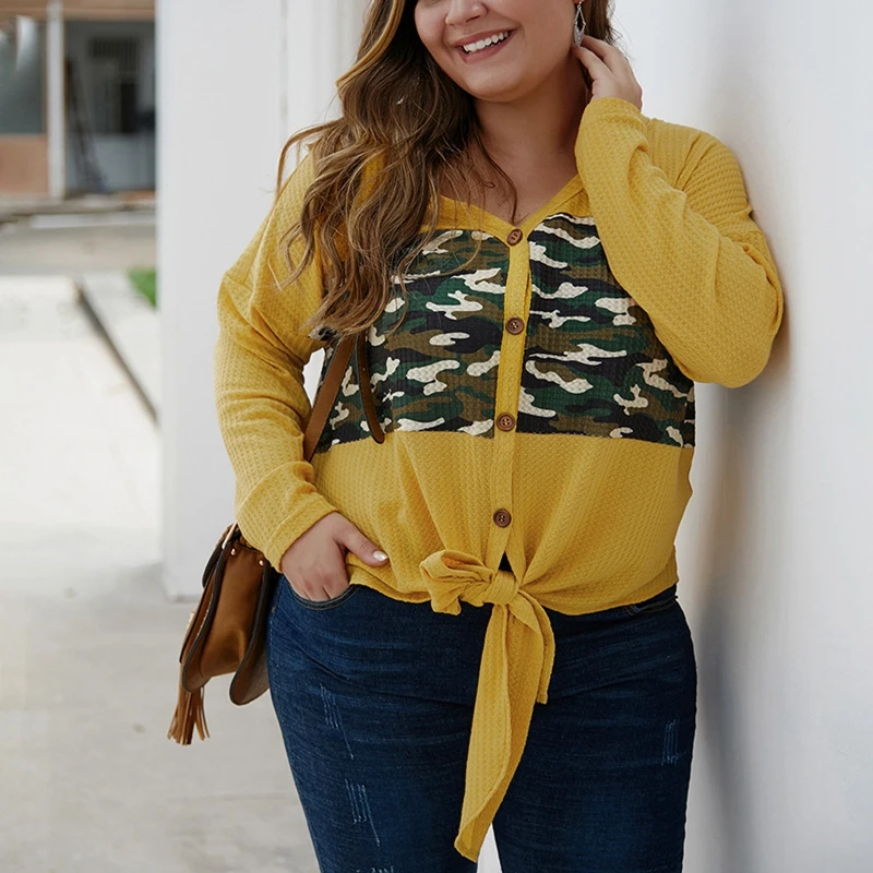Parole chiave maglione da donna con scollo a V e cuciture mimetiche, orlo con bretelle, camicia a maniche lunghe, taglie forti, moda autunnale,