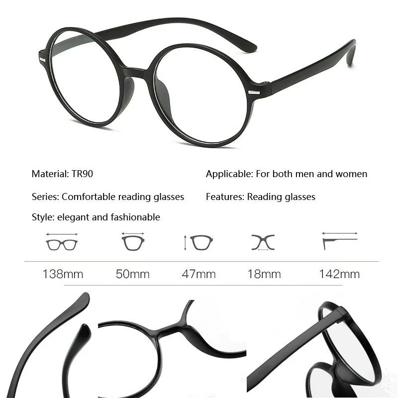 New Men Women Unisex TR90 Reading Glasses Ultralight Resin Round Blue Red Frame Hyperopia Presbyopic Eyeglasses Computer Eyewear