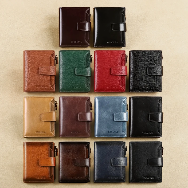Carteira masculina de couro genuíno GERUOLA, carteira dobrável antirroubo com bloqueio RFID vintage, janela de identificação, bolso para moedas e fecho com zíper