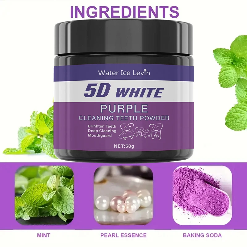 5D White Purple Cleaning Tooth Powder. Mint Pearl Essence Baking Soda. Brightens Teeth, Deep Cleaning, Mouthguard .50g