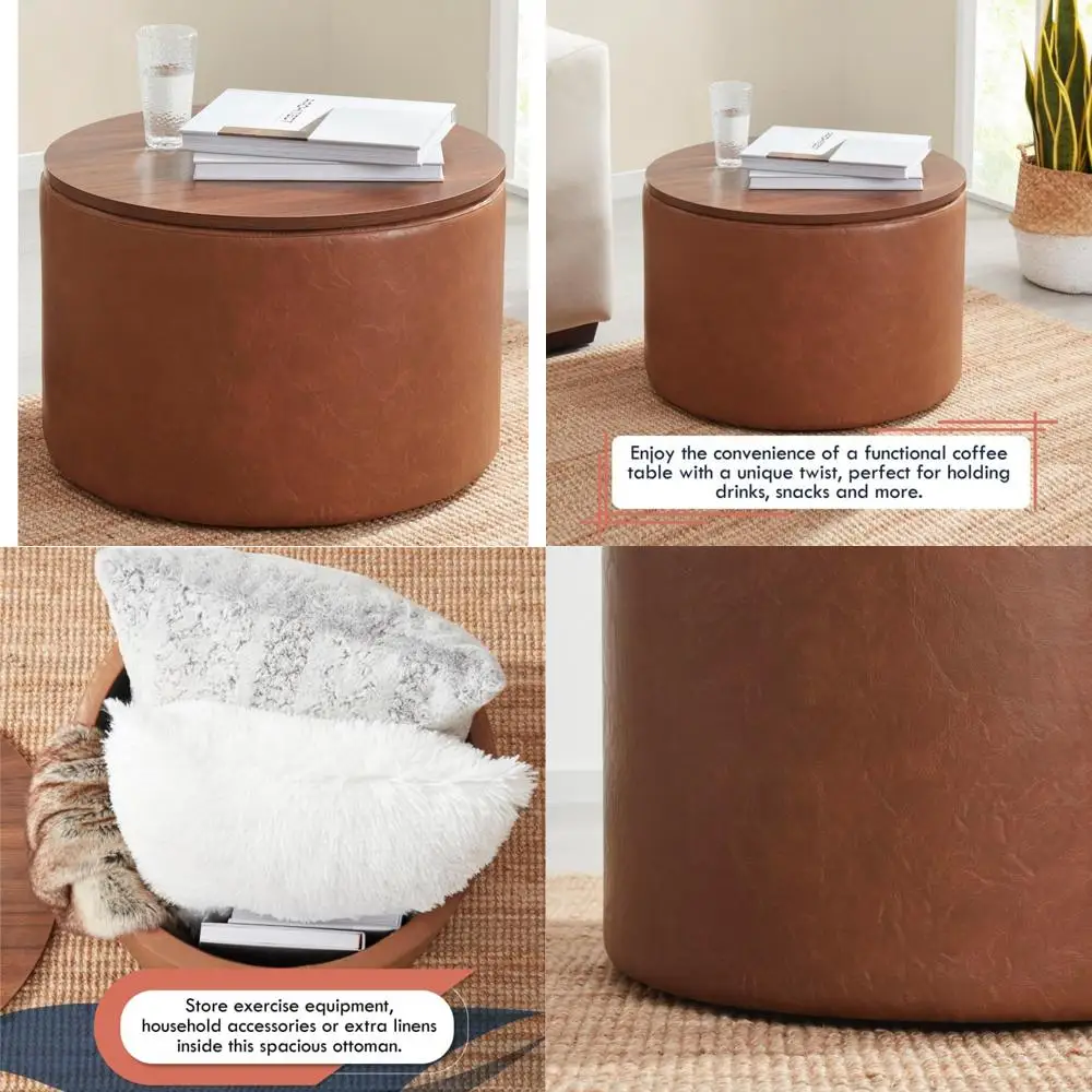 22 Inch Large Round Storage Ottoman with Wooden Lift-Off Lid for Living Room