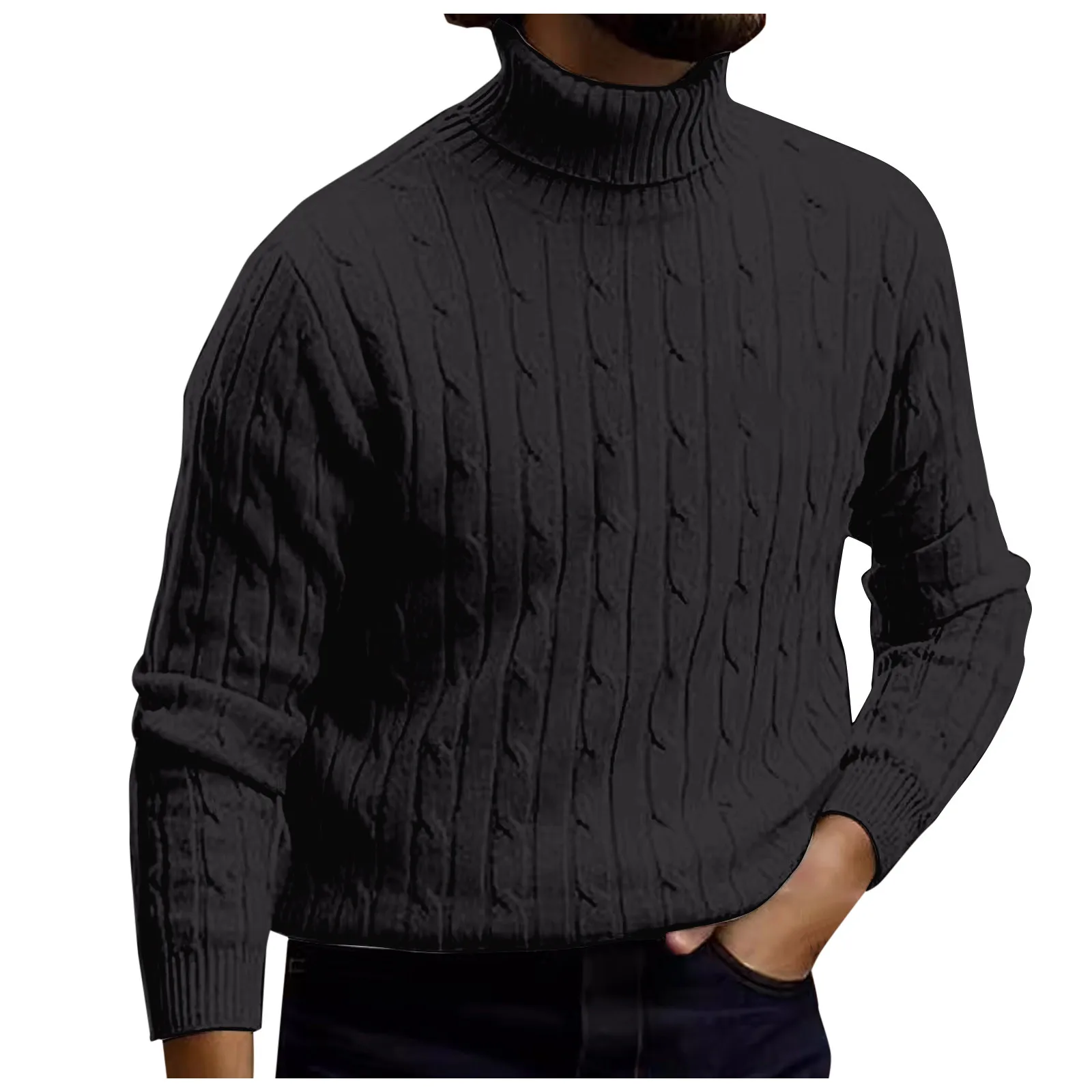 

Men's Winter Solid Colour Jumper Men's Vintage Twisted Flowers Turtleneck Warm Long-Sleeved Comfort Knitted Bottoming Sweater