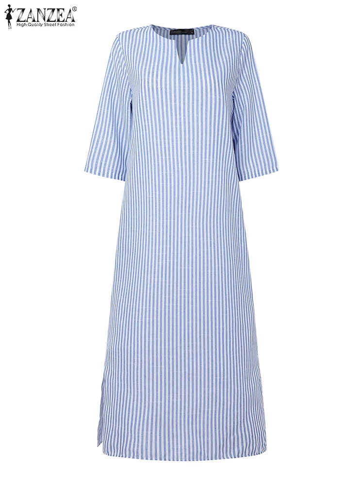 2025 outono vestidos listrados zanzea moda feminina com decote em v manga longa vestido de trabalho elegante escritório ol vestido maxi longo robe