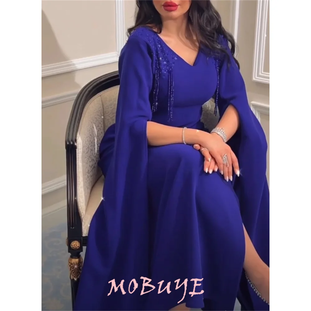 

MOBUYE 2024 Popular V Neck Prom Dress Ankle-Length With Long Sleeves Evening Fashion Elegant Party Dress For Women