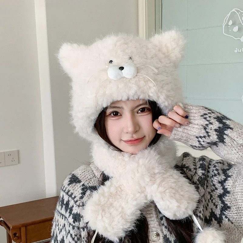 Invierno nuevo al aire libre más jersey grueso sombrero de dibujos animados lindo pequeño gato sombrero de felpa bufanda cálida un sombrero de alto valor para mujeres