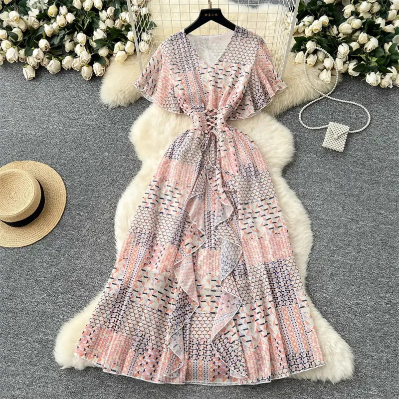 여성 쉬폰 플로럴 롱 드레스 한국 스타일 V넥 반팔 A라인 파티 드레스 여름 보헤미안 프린트 비치 원피스