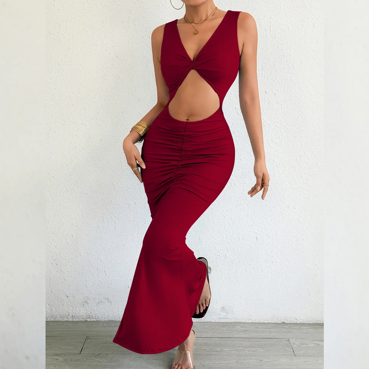 New Sexy Hollow Out Party Dress Women Elegant Sleeveless V Neck Bodycon Dress Women Fashion Evening Long Dress Black