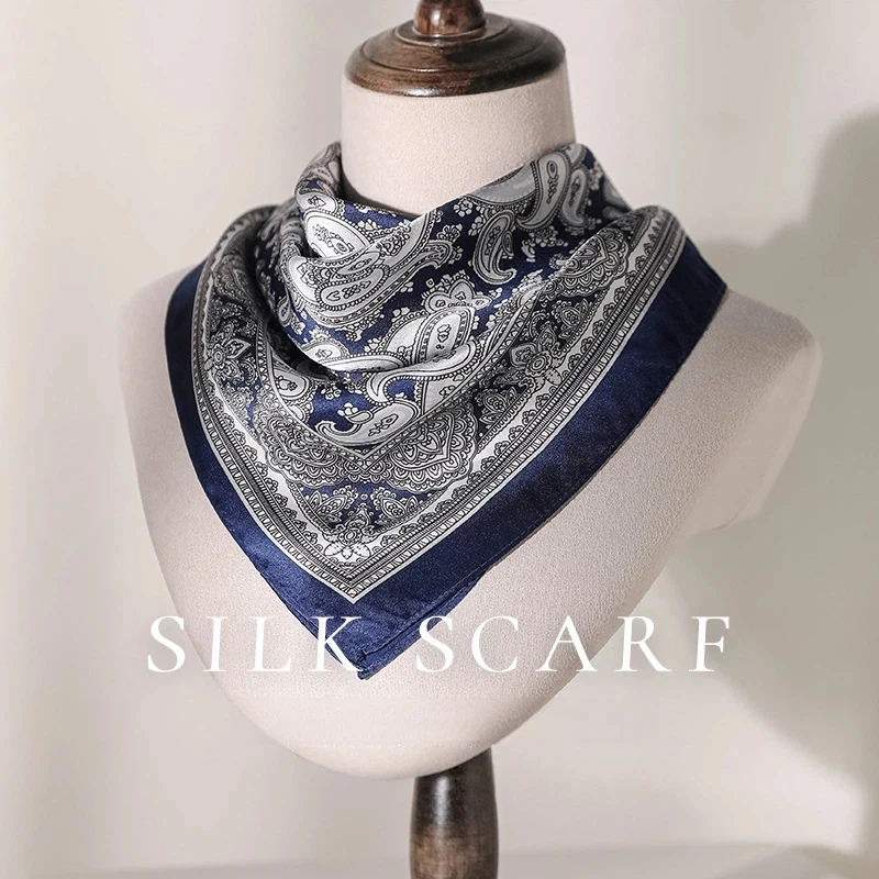 

100% Pure Silk Royal Blue Printed Neckerchief, Luxury Paisley Square Scarf for Women Hijab Elegant Summer Accessories