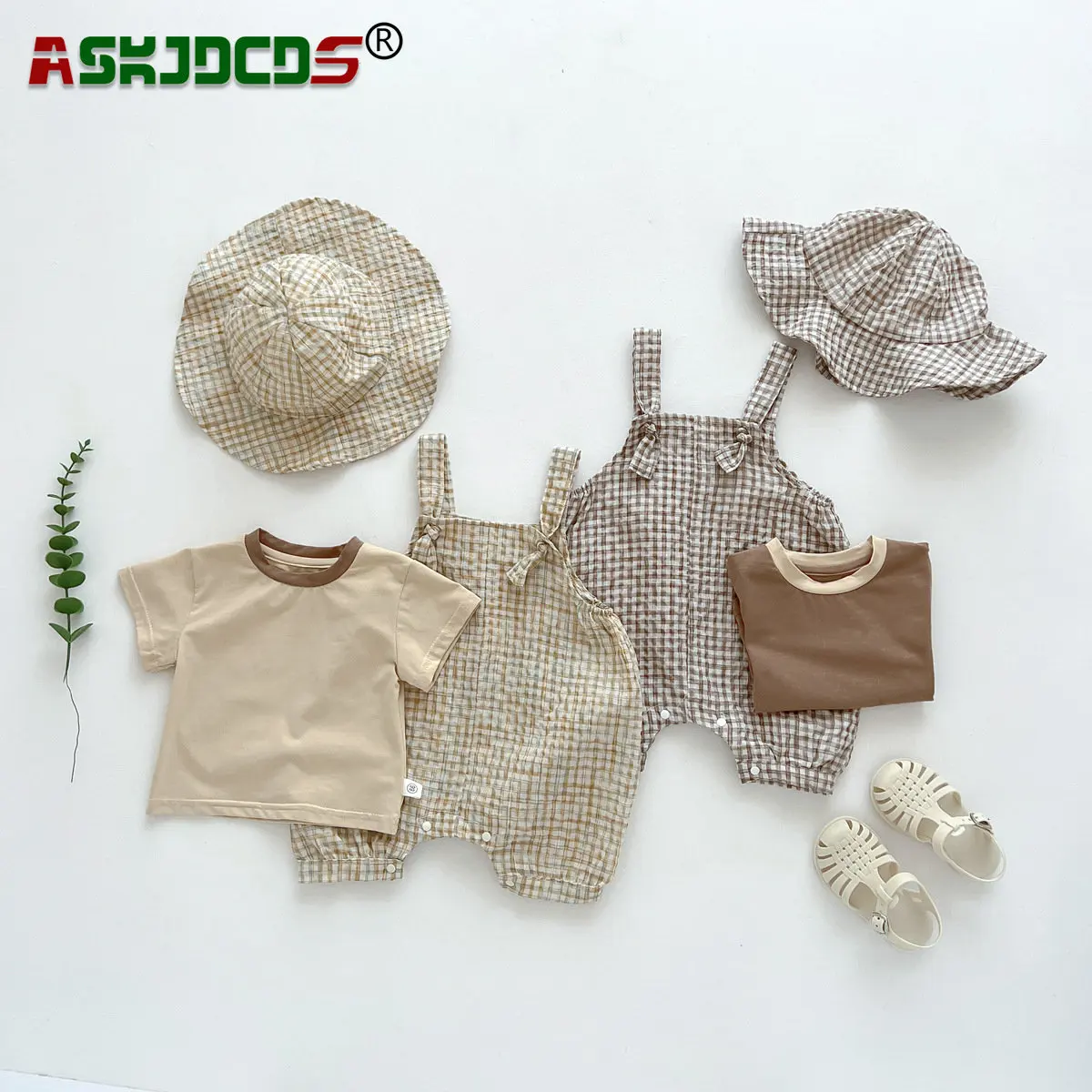 

Newborn Infant Cotton Clothes Set: Short Sleeve Top T-shirts + Plaid Overalls Hat - 3 Piece for Kids Baby 0-24M