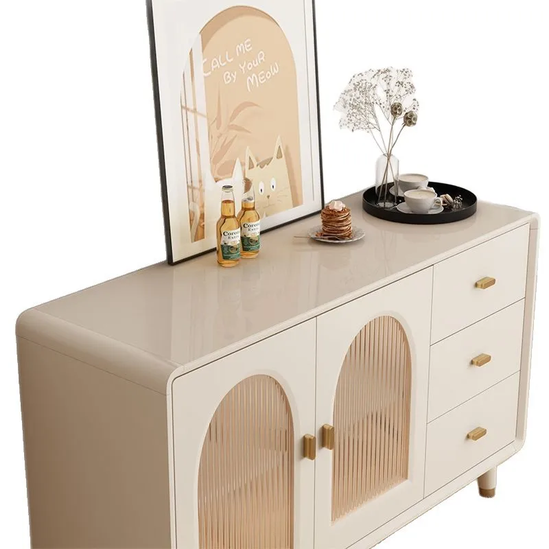 Cream style, foldable, dining table and side cabinet integrated against the wall, modern simplicity, storage