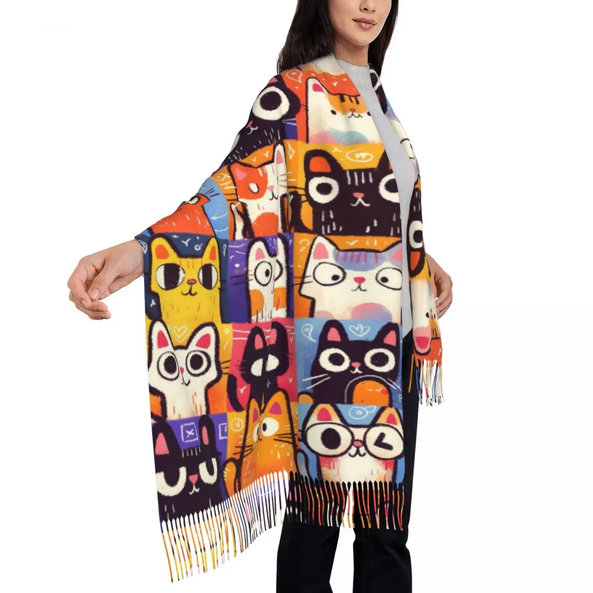 Gatinhos gatos cachecol borla cachecóis feminino macio quente xales e envoltórios longo outono inverno xale envoltório