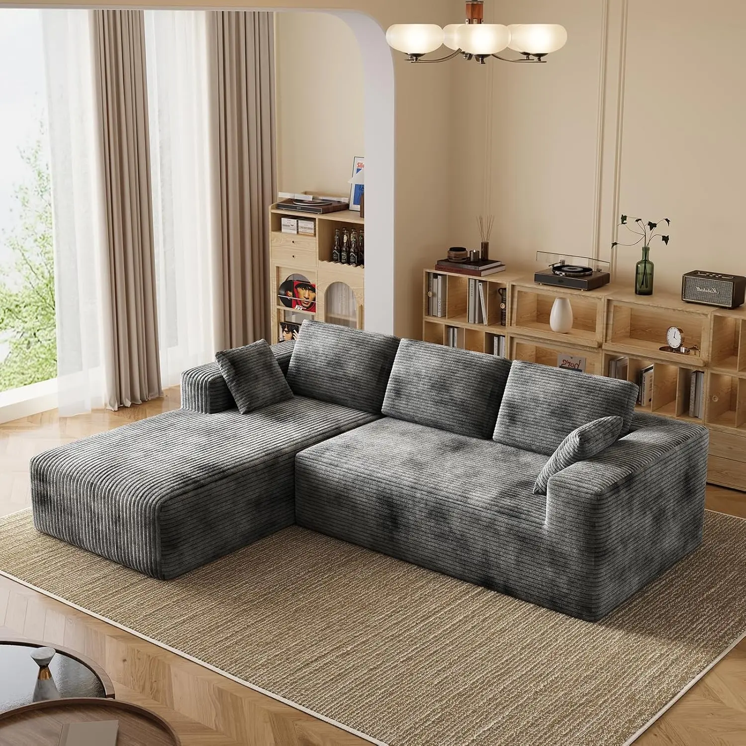

106" Corduroy Sectional Couch, Boneless L Shaped Couch With Deep Seat, Cloud Foam Sofa With Oversized Chaise, Sectional Sofa No