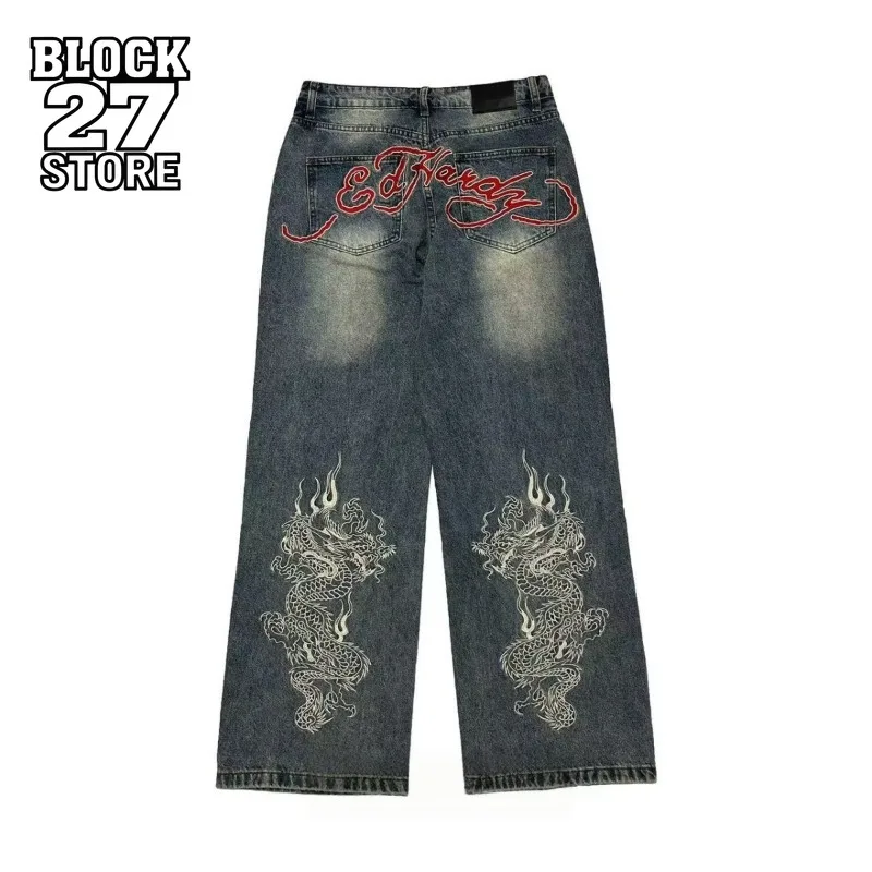 

Мужские джинсы в стиле Харадзюку, американский стритстайл, с вышивкой дракона, джинсовые брюки, хип-хоп, скейтборд, свободный крой, удлиненные, комфортные, новые