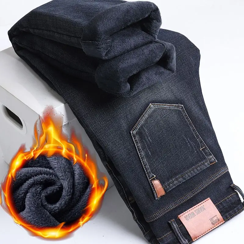 Warm Fleece Lined Mens Jeans Stylish Casual Daily Outdoor Elastic Waist Denim Pants Thick Korean Straight Leg Versatile Trousers