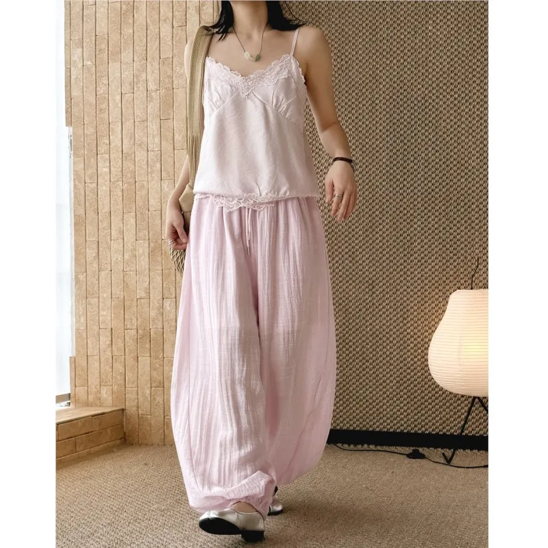 Johnature Minimalist Elastic Drawstring Pleated Casual Pants New Summer Comfortable Loose Relaxed Jogger Pants For Women