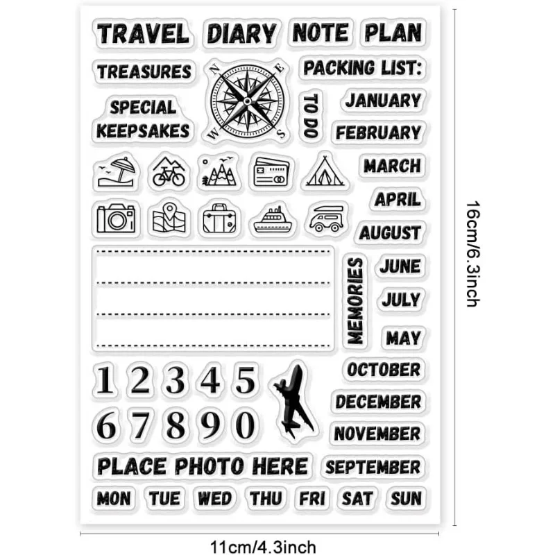 1Sheet Travel Diary Clear Stamp Compass Icon Clear Rubber Stamps Number Week Year Silicone Stamps for DIY Scrapbooking Photo