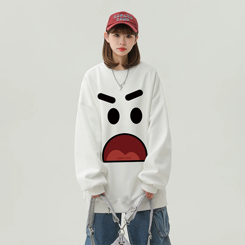 Autumn and Winter New Hatless Round Neck Sweatshirt Men and Women Casual Expression Print Loose Couple Trend Top Coat