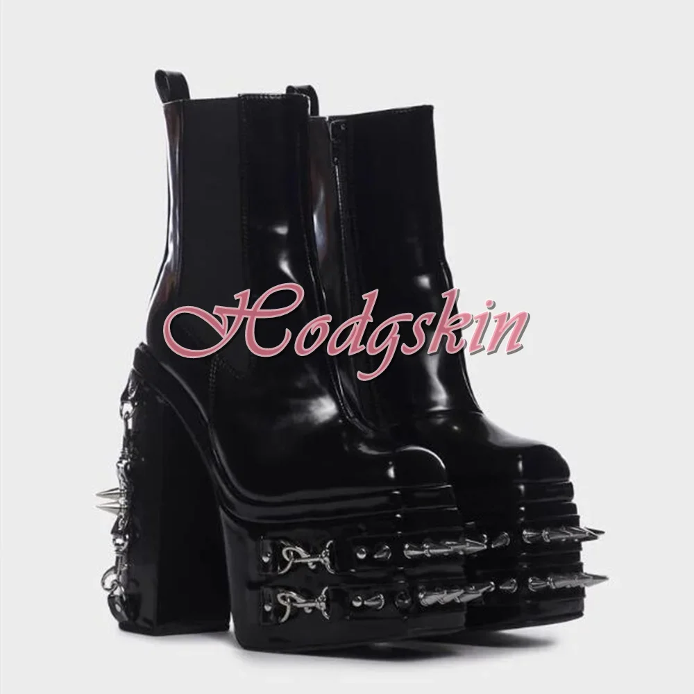 New Style Rivet Chain Ankle Boots Round Toe Platform Chunky High Heels Side Zipper Boots Women Sexy Shoes Winter Banquet Leather