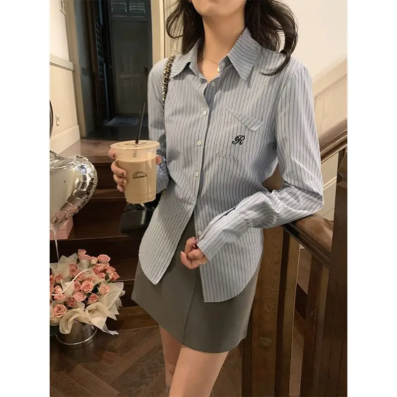 

Elegant Stripe Long Sleeve Shirt Women's 2023 Spring Autumn Korean Style Embroidery College Style Shirt Women's Slim Fit ...
