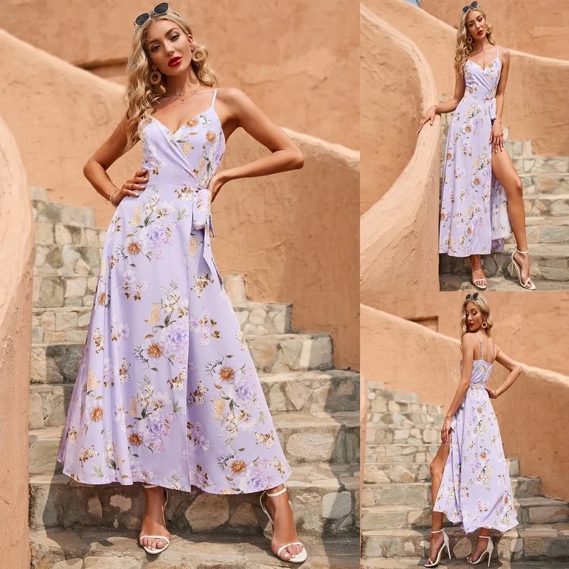 

2022 New Spring and Summer Women's Temperament Off-the-shoulder Slit Slim Fit and Thin Hot Girl Long Printed Dress Dresses