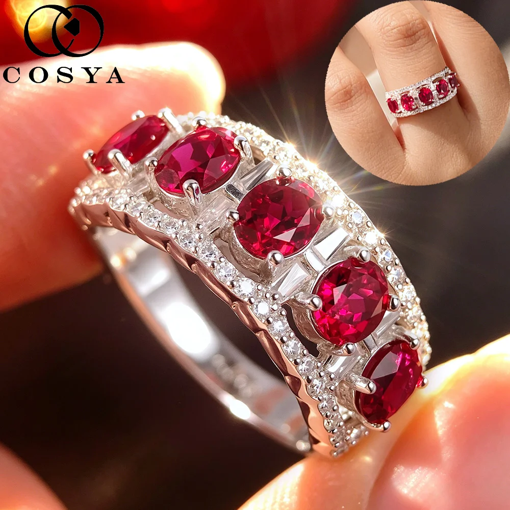 

COSYA Luxury Oval Cut Lab Grown Ruby/Moissanite Ring for Women S925 Silver Plated White Gold Diamond Wedding Band Fine Jewelry