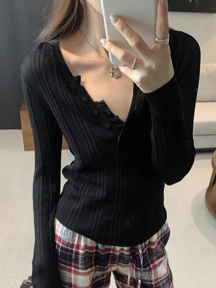 

Корейский черный вязаный пуловер, женские свитера, новинка 2025, осень-зима, белые элегантные тонкие однобортные короткие вязаные топы, универсальные