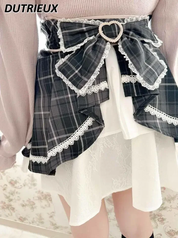 Front and Back Two Wear Cake Short Skirt Women's Autumn Japanese Lolita Sweet Cute Girls Bow High Waist A-line Mini Skirts