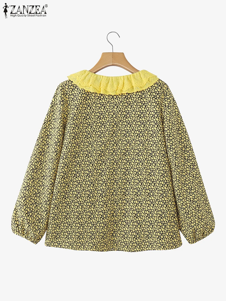 ZANZEA Autunno Moda Donna Coreana Camicetta stampata floreale 2025 Camicia con collo arricciato Vacanza Manica lunga Top Vacanza Tunica pieghettata