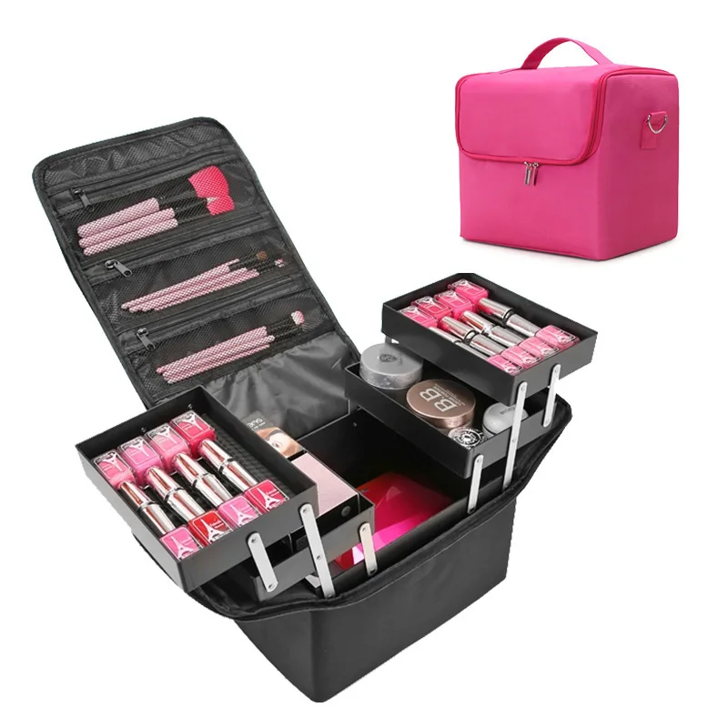 Professional Large Capacity Cosmetic Case Multi Layer Drawers Brush Pockets Portable Handle Zipper Box Nail Art Kit Makeup Bags