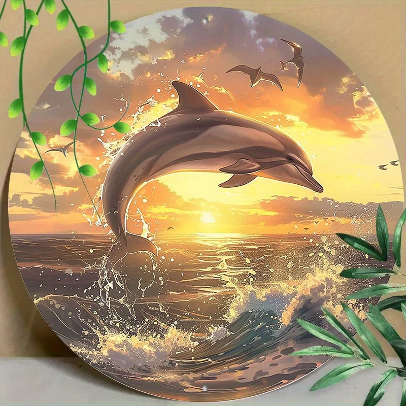 

Round Metal Aluminum Mark Sun, Dolphin Theme, Anime Aesthetics, Illusion, for Home, Living Room, Office, Wall Decoration Art