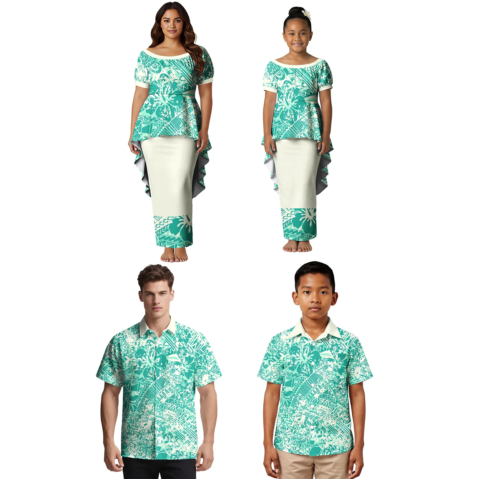 Clothing Custom Hawaiian Matching Family Outfits Samoan Swallow-tail Hem Puletasi Dress Polynesian Turn-down Collar Shirt Family