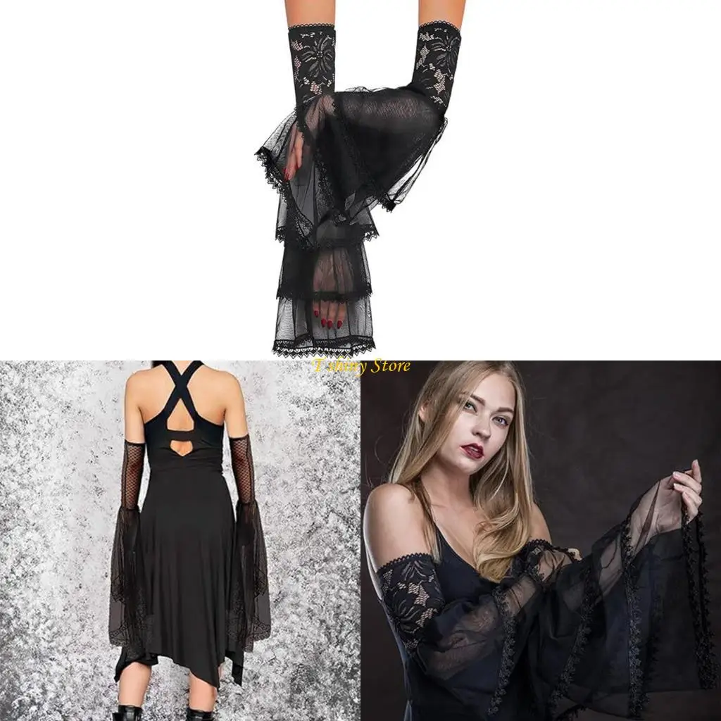N58F Guantes malla transpirable Mangas brazo gótico Disfraz Halloween ajuste ajustable esencial