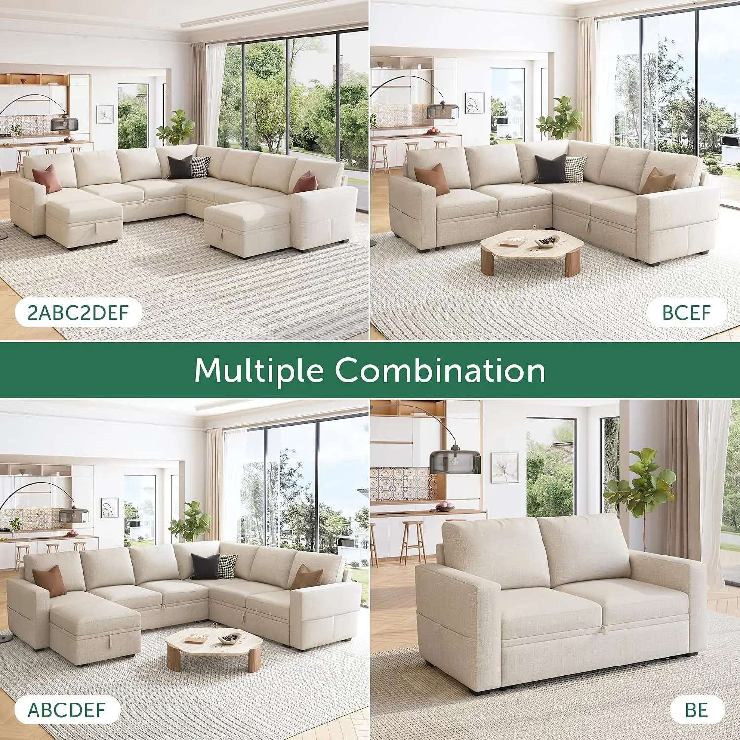 Modular Sectional Sleeper Sofa with Pull Out Bed, Oversized U Shaped Storage Couch for Living Room, Beige, Customized