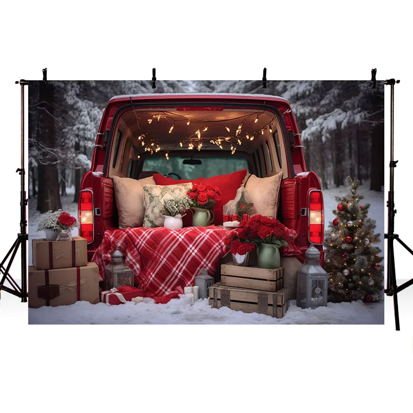 Mehofond Winter Christmas Photography Backdrop Red Car Xmas Tree Snow Forest Children Portrait Background Studio Photozone Prop