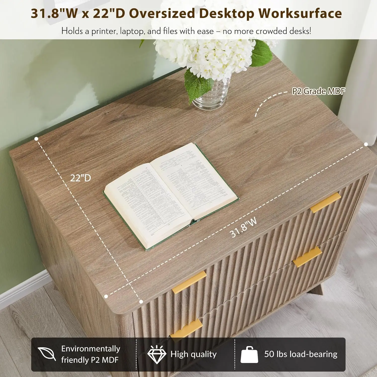#2 Drawer Lateral File Cabinet 31.8in Wood w Hanging Rod Letter Legal A4 Printer Stand Office Storage Grey Customized