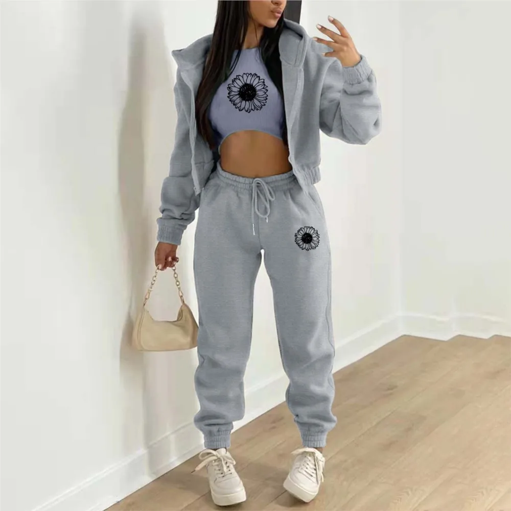 Autumn And Winter New Fleece Hoodie Letter Print Hooded Women\'s Suit Fashion Loose Casual Sports Pants Female 3 Piece Set 2024