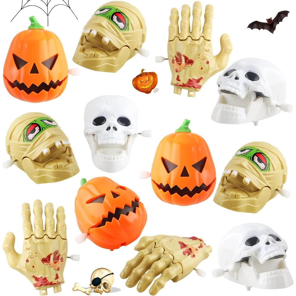 12 Buah Mainan Kincir Angin Halloween, Mainan Tengkorak, Tangan Zombie & Kepala Mumi, Suvenir Pesta & Pengisi Tas Hadiah untuk Halloween
