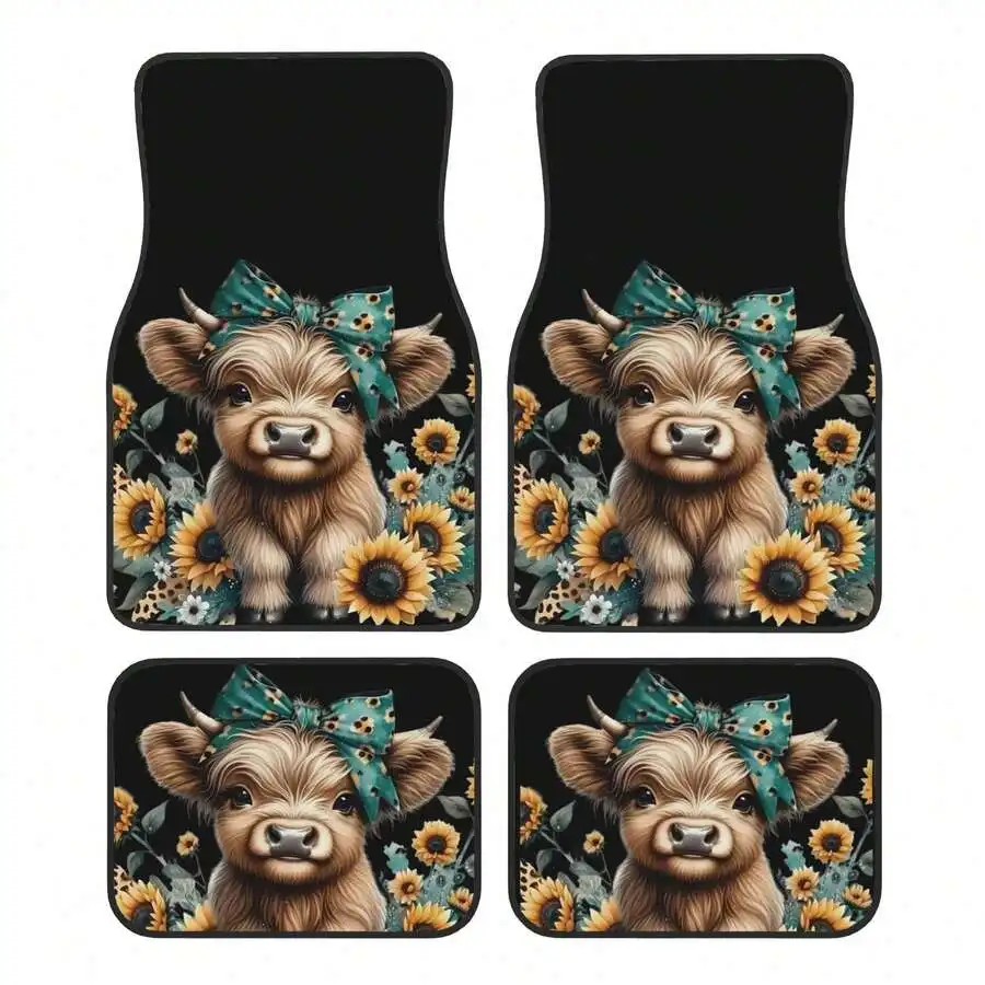 

4-Piece Highland Cow Car Floor Mats With Sunflower Pattern Universal Fit Easy Clean Interior Accessories