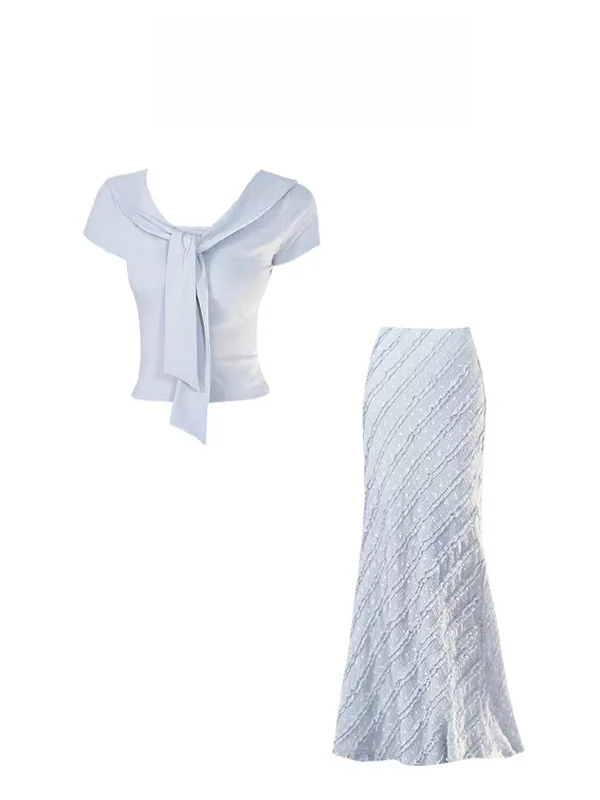 

Корейский комплект женской футболки Sle Faionable Tied V-Ne ort Sve с синей юбкой с хвостом Fi Gentle Summer Wind