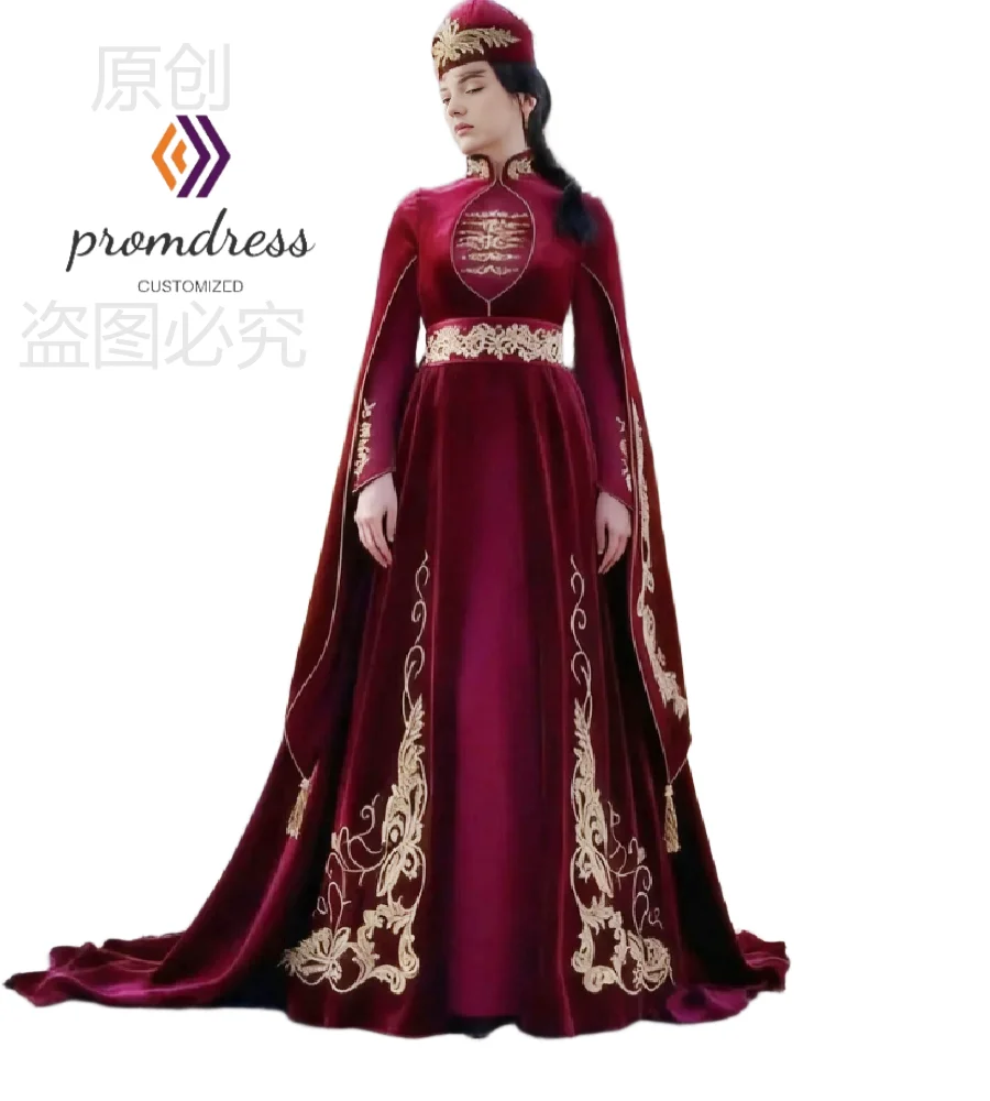 فستان سهرة تركي تقليدي عنابي فستان حفلة موسيقية عربي سيركسي بأكمام طويلة من الدانتيل المخملي قفطان مغربي فيستيو دي نوفيا #1