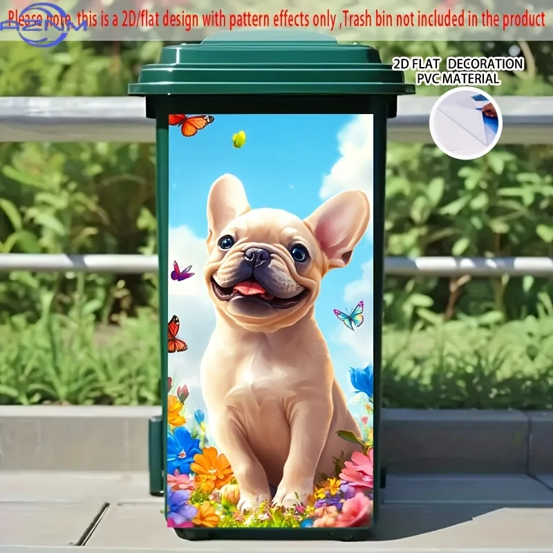 1pc  French Bulldog & Butterflies Self-Adhesive Dustbin Sticker, Creative PVC Decorative Sticker for Bins, Walls, Kitchen - No