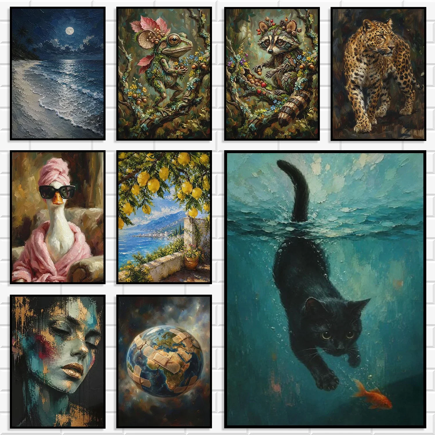 Whimsical Animal Canvas Prints Vintage Oil Painting Black Cat Leopard Duck Seascape Woman Nordic Dark Academia Home Decor Poster
