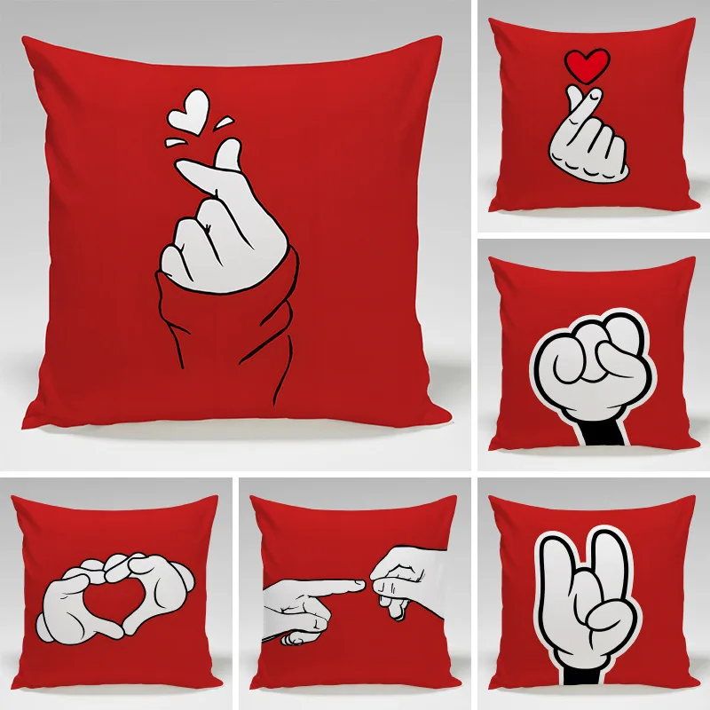 Red-finger gesture pattern throw pillow cover with short plush print for living room sofa decoration cushion cover pillow covers