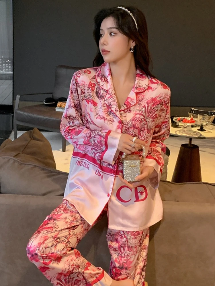 Fashion Printed Ice Silk Pajamas Women\'s Spring  Autumn New Satin Outer Wearing Home Clothes Loose Comfortable Pajamas Suit